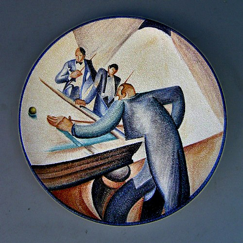 tullio-mazzotti-billiard-game-dish-500x499 Piatto-biliardo Tullio Mazzotti, Albisola dish showing three men playing billiards in futurist style