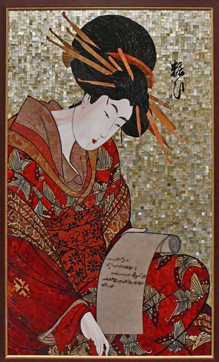 geisha-reading-letter-mosaic Pictures-of-MosaicMosaic-picture-Girl-with-a-letter