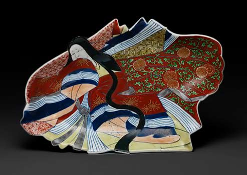 Arita-Kiln-plate-Edo-period Plate,-Edo-period-(1615–1868),-1760-Japan,-Hizen-Province,-Arita-kiln-Porcelain-decorated-with-the-figure-of-Ononokomachi-in-blue-and-brilliant-enamels---Met