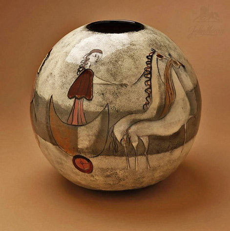 Polia-Pillin-pot Polia-Pillin-glazed-ceramic-spherical-vase with illustration of a girl in a chariot