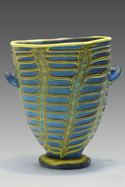 polychrome-glass-cup-415x623 Polychrome glass cup with handles- Egyptian in blue with overlay yellow decoration
