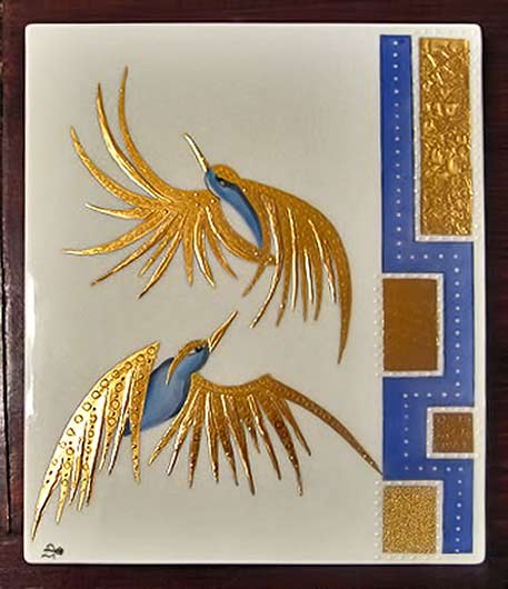 Danielle-Adjoubel-porcelain-tile-art porcelain-plaque-with-birds in blue and gold - Danielle Adjoubel