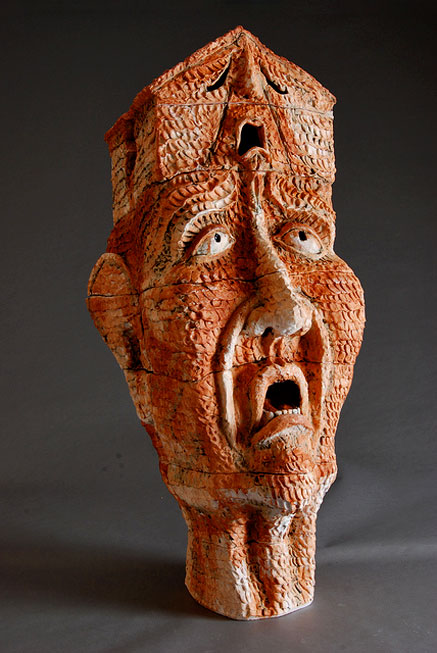 ceramic-head -Cheryl-Tall Pygothia,-2010,-Cheryl-Tall,-ceramic head sculpture with highly textured clay of a man looking skywards and fearful