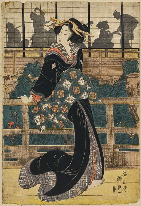 Eizan-Kikukawa-geisha-art Rōka-no-geigi-(Entertainer-standing-on-a-veranda)---Eizan-Kikukawa-(1787-1867)
