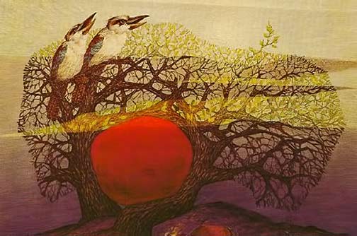 Rainmakers-At-Dawn'-by-Ainslie-Roberts. Rainmakers-At-Dawn'-by-Ainslie-Roberts. Two Kookaburrahs in a tree painting