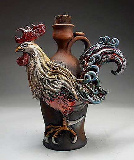Raku-Rooster-Jug-folk-art-Pottery-sculpture-by-face-jug-maker-Mitchell-Grafton Rooster ceramic jug-Mitchell-Grafton