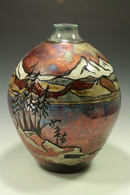 Raku-Vase-Mountain-carved---Blue-Spruce-Pottery Raku-Vase-Mountain-carved---Blue-Spruce-Pottery
