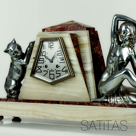 Burmese-Cat-&-Nude-Lady-SCULPTURE-CLOCK-by-MARTI Rare 1920s French Art Deco Burmese Cat & Nude Lady mantle clock by Marti