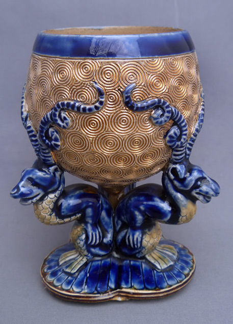 doulton-lambeth-goblet-475x635 RARE-DOULTON-LAMBETH-3-BLUE-GROTESQUE-GARGOYLES-GOLD-GOBLET