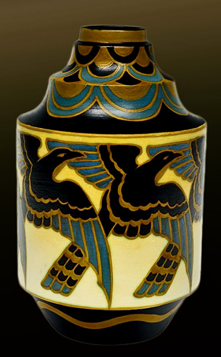 Charles-Catteau-ard-deco-vase Rare-geometric-shape-vase-with-polychrome-decoration--Very-unusual-geometric-form.-Polychrome-repetitive-design-with-stylized-birds,-magpies
