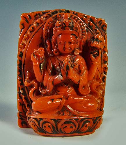 Bodhisattva-of-Compassion-coral-carving rare-hand-carved-red coral-statuette-displaying-the-four-armed-Bodhisattva-of-Compassion
