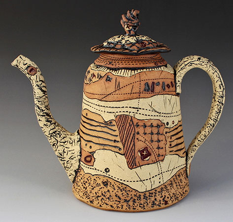Elainep Pinkernell-teapot ripped-stoneware-teapot Elaine Pinkernell with patchwork appearance