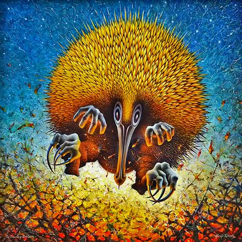 Roberts,-Ainslie,-The-Dancing-Echidna-- Ainslie Roberts,-,-The-Dancing-Echidna--painting of an airborn Echinda