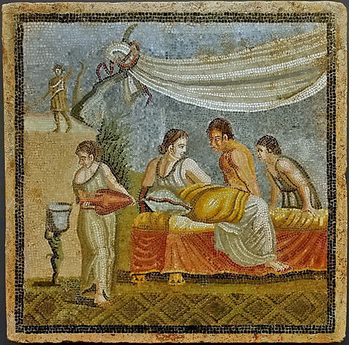roman-mosaic-villa-anel-505x499 Romantic scene from a mosaic in Villa at Centocelle, Rome, 20 BC – 20 AD (Wikimedia Commons)