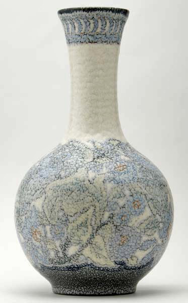 Rockwood-Jewel-Porcelain-tall-bottle ROOKWOOD-Jewel-Porcelain-tall-bottle-shaped-vase-painted-by-Lorinda-Epply-with-blue-and-green-blossoms-under-thick-ivory-butterfat-glaze,-1928
