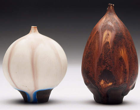 rose-cabat-feelie-vessel-471x369 Rose Cabat vase, bulbous shape, covered in tan and blue matte glaze
