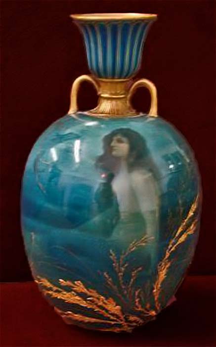 Royal-Dalton-Hand-Painted-Mermaid-Vase-Initialed-HS Turquoise Royal-Dalton-Hand-Painted-Mermaid-Vase with gold twin handles