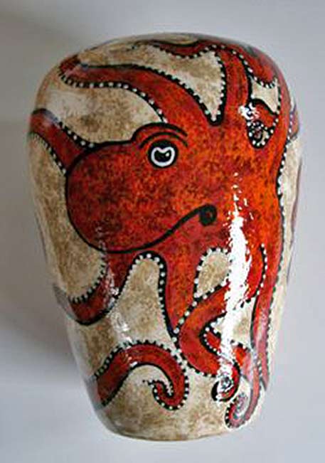 Artist-Beth-Allison-Gripenstraw-octo-vessel Red ceramic octopus Beth-Allison