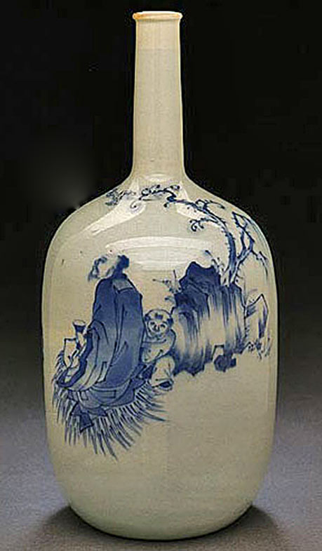 Sake-flask-(tokkuri)-with-scholar-and-attendant Sake flask (tokkuri) with scholar and attendant performing sencha- Hirado porcelain of Japan 19th century