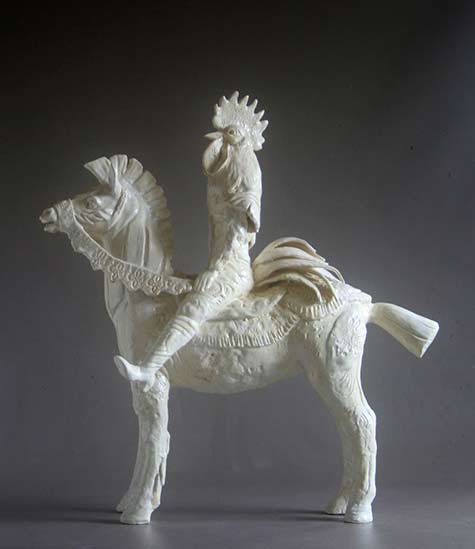 Sally-Hook-Year-of-Rooster Sally White porcelain rooster riding a horse