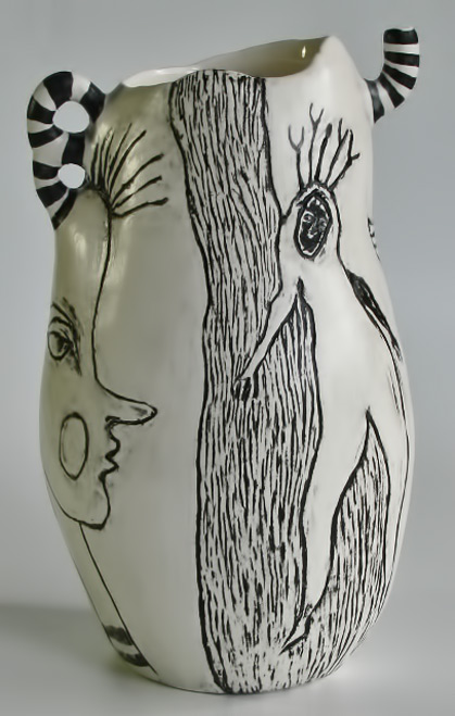 SallyHook-ceramic-art Sally-Hook vase in black and white with hand drawn figure art