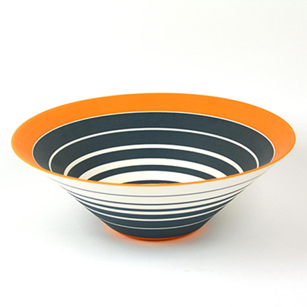 sara-moorhouse-ceramic-art Sara-Moorhouse-ceramic-striped horizontally striped bowl in orange, black and white