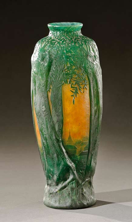 Daum-Nancy-art-nouveau-vase Saules-soleil-couchant-( sun setting Saules ) vase Daum-Nancy