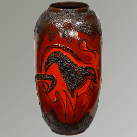 Scheruich-Ceramic-Tall-Lava-Glaze-Vase-with-Relief-Bull-and-Volcanos-Assemblage-,-Chicago Scheruich Ceramic Tall Lava Glaze Vase with Relief Bull and Volcanos-Assemblage , Chicago