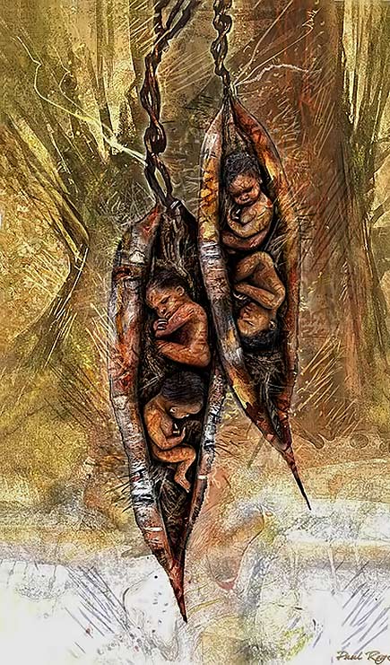 Seed-Pods---Paul-Roget Suspended shells with aboriginal children as pods by Paul Roget
