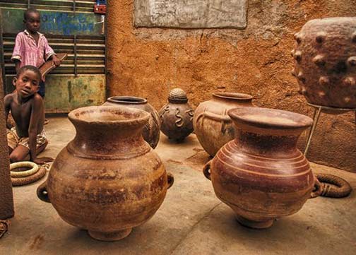 selection-of-vintage-pottery-from-a-variety-of-tribes-in-Burkina-Faso-in-Ouagadougou Selection of different tribal clay pottery