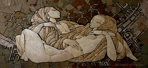 Sergey-Karloff-mosaic-art 'On the edge of the Steppes' -- Sergey Karlov - two reclining women