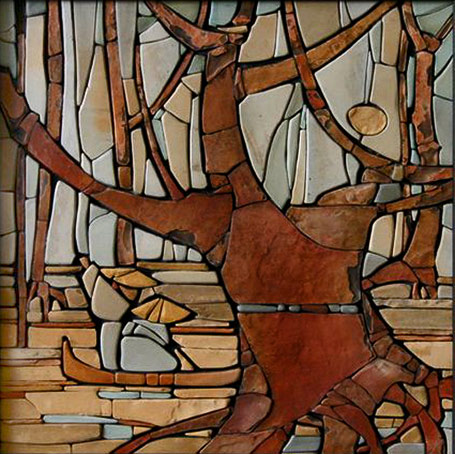 Sergey-Karlov-mosaic-art-panel Angulation of the eel ' -- Sergey Karlov - two fishermen in a boat