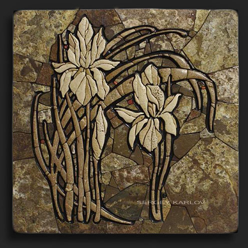 Sergey-Karlov---Russian-stone-mosaic-artist Sergey-Karlov---Russian-stone-mosaic of Iris flowers