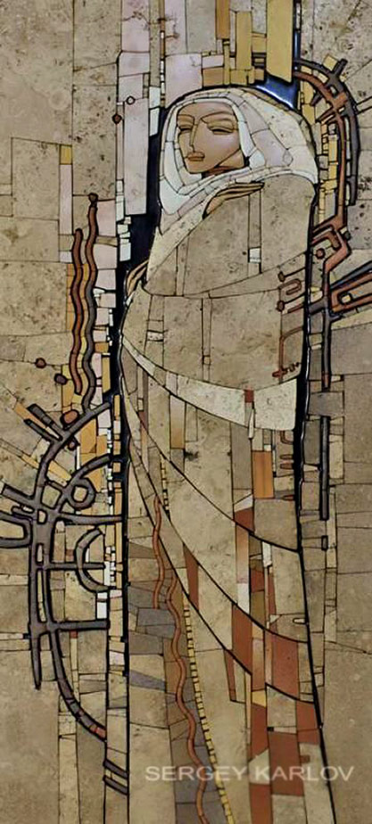 Sergey-Karlov--stone-mosaic-arts Klimt inspired wall mosaic panel by Sergey Karlov