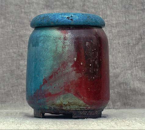 Shamai-Sam-Gibsh-Ceramic-Lidded-Vessel Turquoise and crimson vessel with a lid -- Shamai-Sam-Gibsh