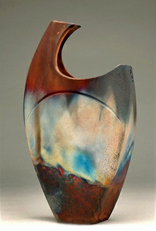 raku-vase-by-shaun-hall shaun-hall-raku vessel with asymmetrical shape