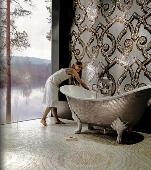 sicis---Colibri-Cheviot-mosaic-modern SICIS---Colibri Cheviot Art White mosaic bath on white and gold mosaic floor