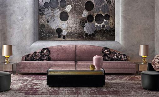 sicis-wall-mosaic-mural SICIS-Milan-showroom with long mushroom pink sofa and large ceramic mural mosaic