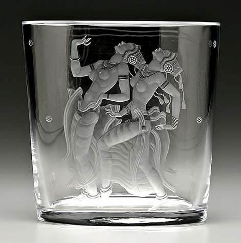 Simon-Gate--Orrefors,-'Java-Dancers'-Engraved-Glass-Vase Simon Gate (Swedish, 1883-1945), Orrefors, 'Java Dancers' Engraved Glass Vase