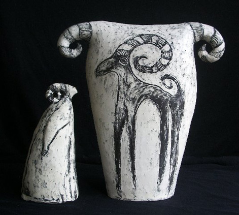SallyHook-vase-and-figurine Simpatico-goats-small-50cm-tall-White-Earthenware Coiled, scratched design, black stain, burnished