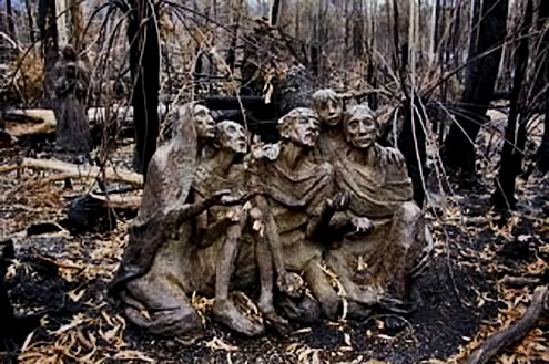 Bruno-torf-sculptures Surviving sculptures after the bushfire at Bruno's garden