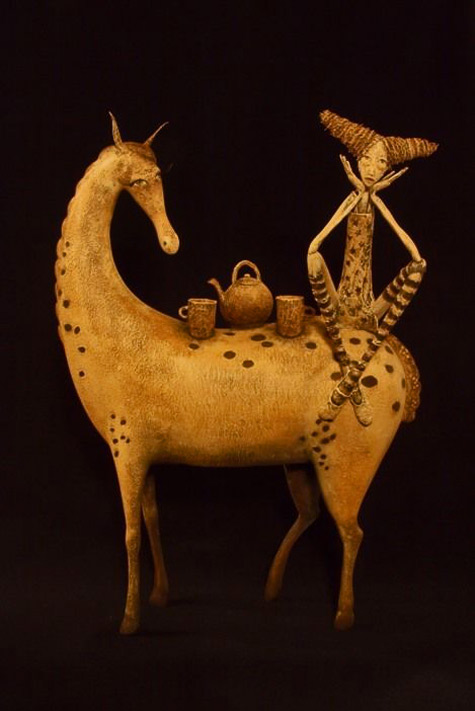 Solovaya-Svetlana-girl-on-horse-sculpture Solovaya-Svetlana - Solovaya Svetlana. Pippi Longstocking A girl with striped stokcings sitting on a horse with a teaset