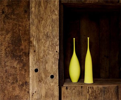 Sophie-Cook-–contemporary-British-ceramicist Two canary yellow ceramic bottles - Sophie Cook