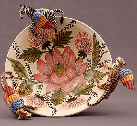 ardmore-ceramic-dish south-of-the-sahara-ardmore-ceramic dish with pink flower motif and zabra, tiger and leopard relief figures