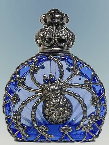  Vintage Czech Hand Made Perfume Bottle with Crown Topper. Love the Spider