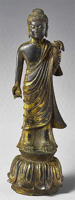 Japanese-buddha-figurative-sculpture Bronze Standing Buddha, Hakuho period, Japan, ca. 710-794