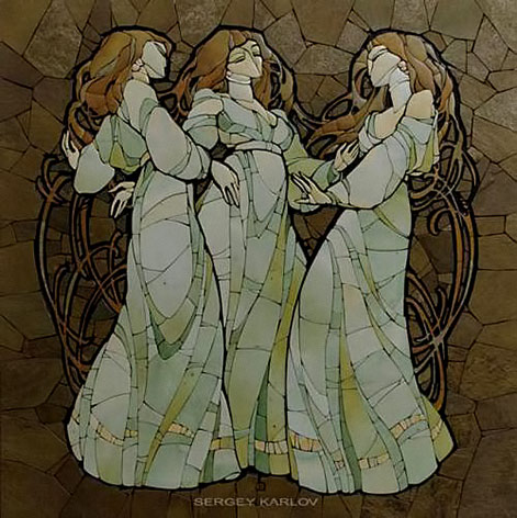 Stone-mosaic-by-Sergey-Karlov Moonglade Stone-mosaic of three women dancing by Sergey Karlov