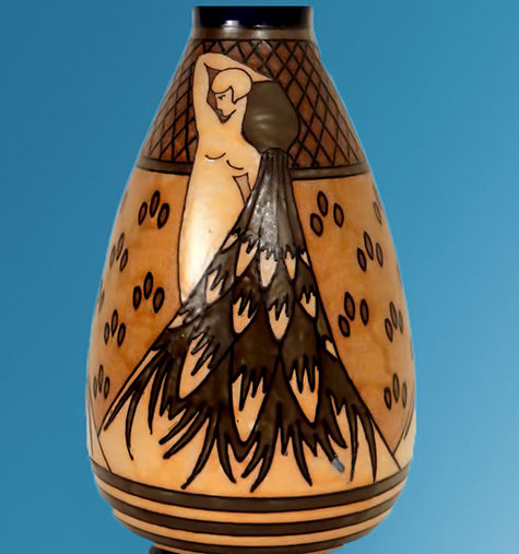 superbe-vase-gres-polychrome-hb-quimper-odetta-femmes-nues-art-deco-xxeme ovoid vase in polychrome sandstone Quimper, signed HB Quimper Odett