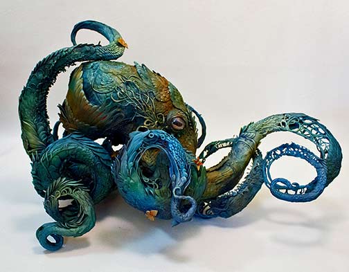 Surrealist-Sculptures-by-Ellen-Jewett-Merge-Plant-and-Animal-Life Ellen-Jewett-green and blue octopus sculpture