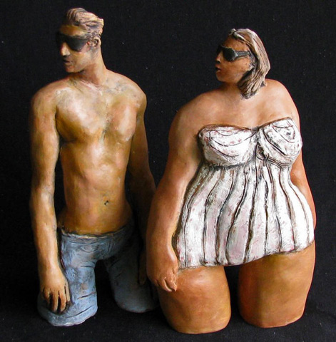 male-female-sculpture-SallyHook Tanned-couple-in-bathers-front 30cm tall by Sally Hook